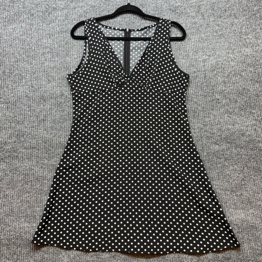 Womens‎ Black White Polka Dot Fit Flare Mini Dress V-Neck Sleeveless Size L